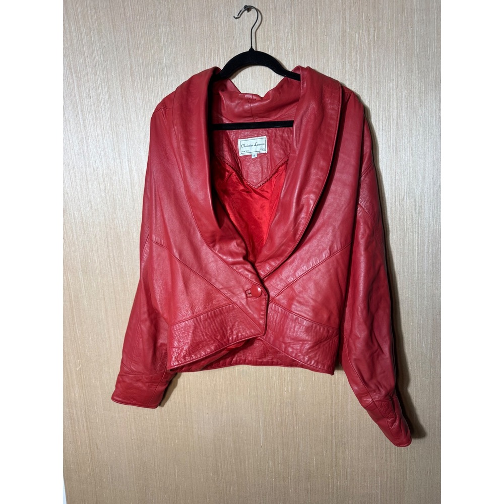 Christian Lauren Red Leather Jacket Vintage 80s Cropped Shawl Collar Womens S